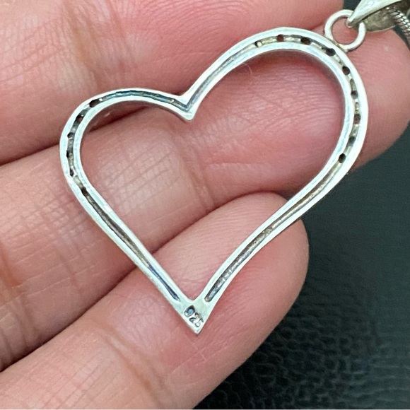 Vintage Signed 925 Italy Sterling Silver Open Heart CZ Pendant Necklace 6.4g - Picture 6 of 16